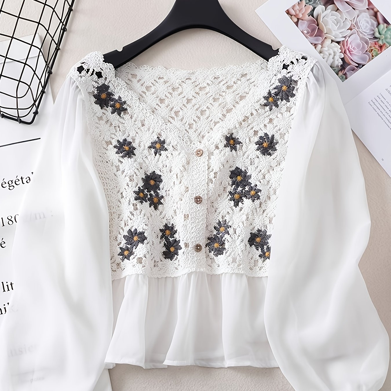 Vintage Elegant Crochet Hollow-out Daisy Embroidery Loose V-neck Chiffon Blouse For Women