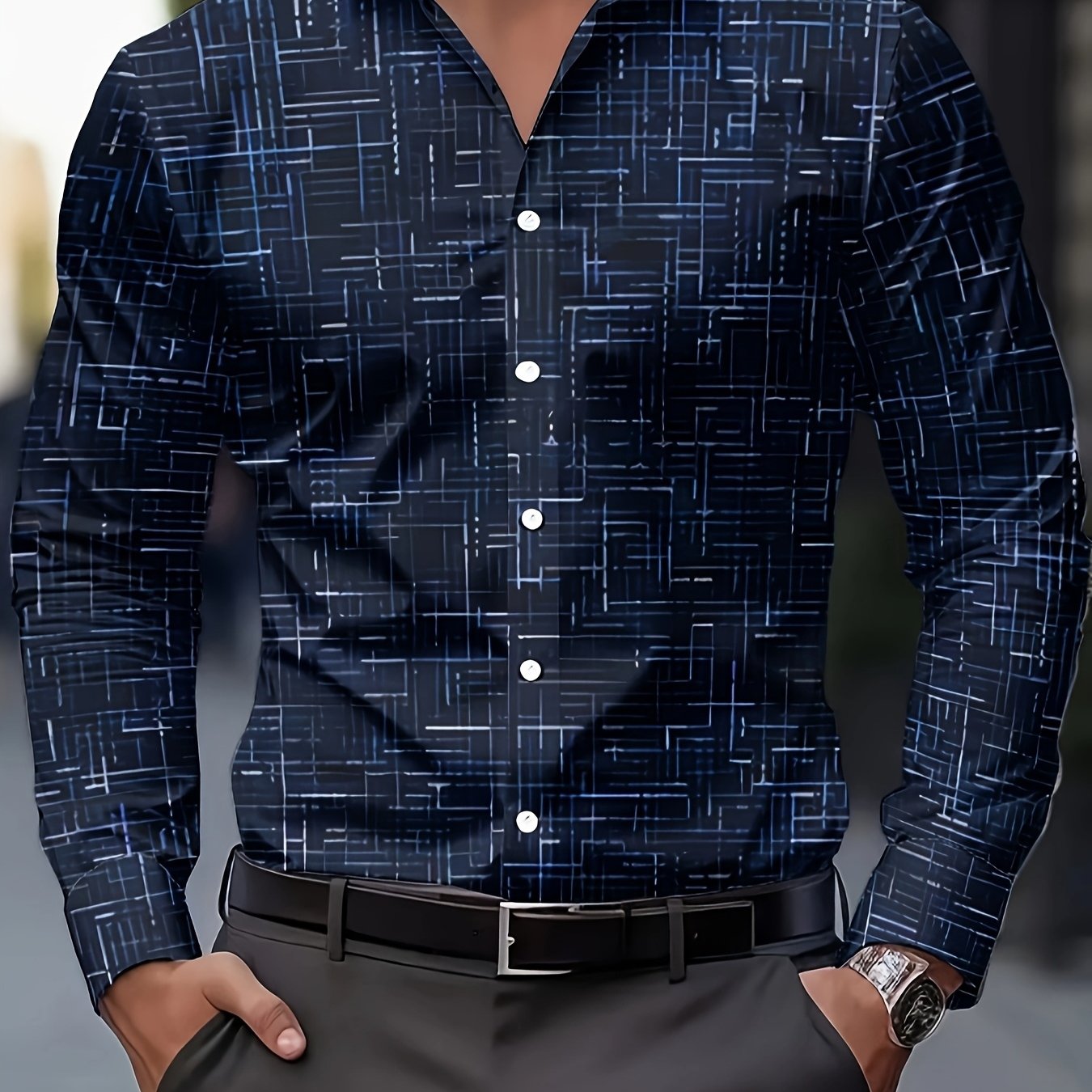 TEMU Men's Fashion Printed Shirt With Simple Geometric Pattern, Stylish Printed Men's Casual Button-up Long Sleeve Shirt, Spring, Summer, And Autumn
