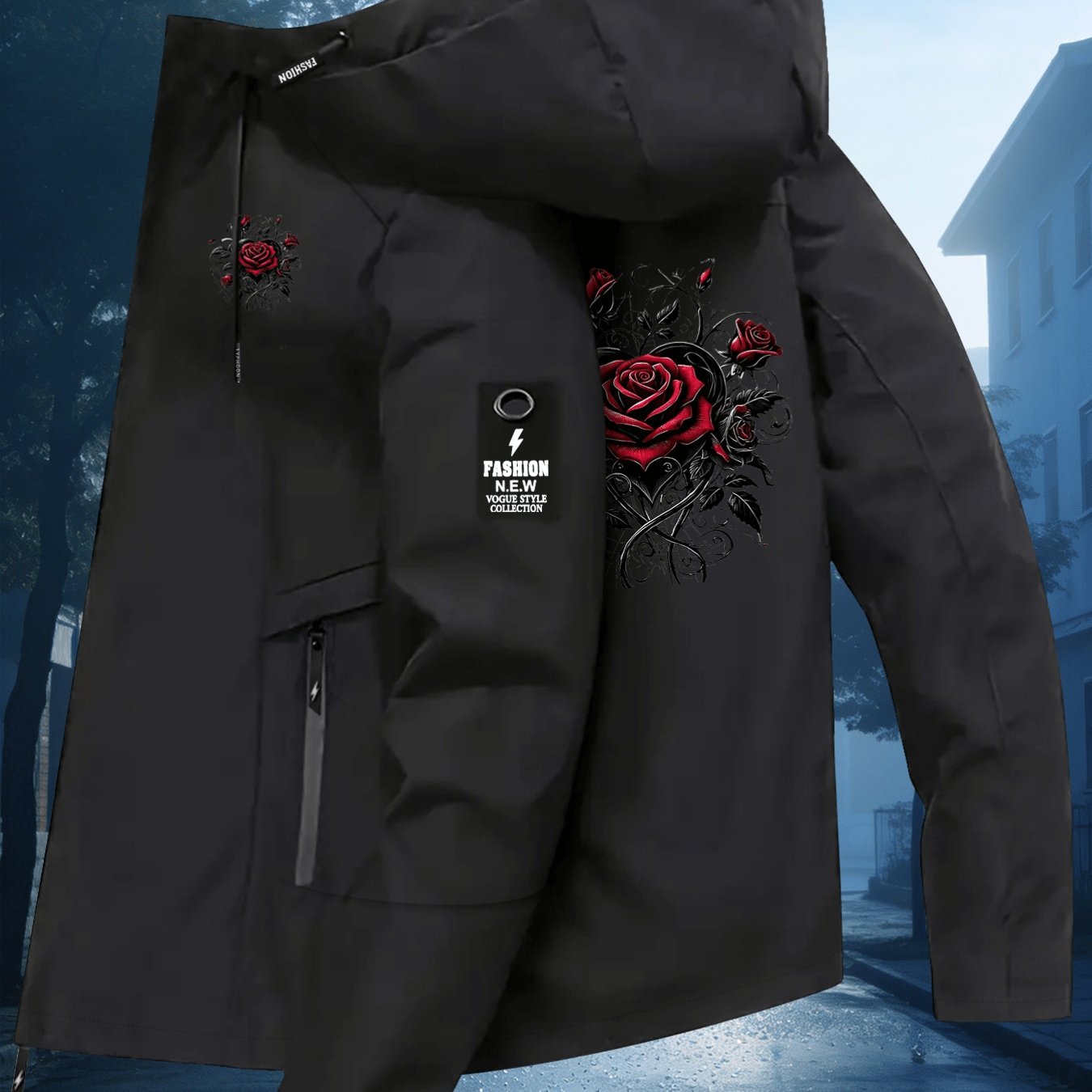 TEMU Women's Hooded Outdoor Windbreaker Jacket, Red And Black Ink Wash Rose With Heart-shaped Vine Pattern, Spring/summer Casual Outerwear For Women,