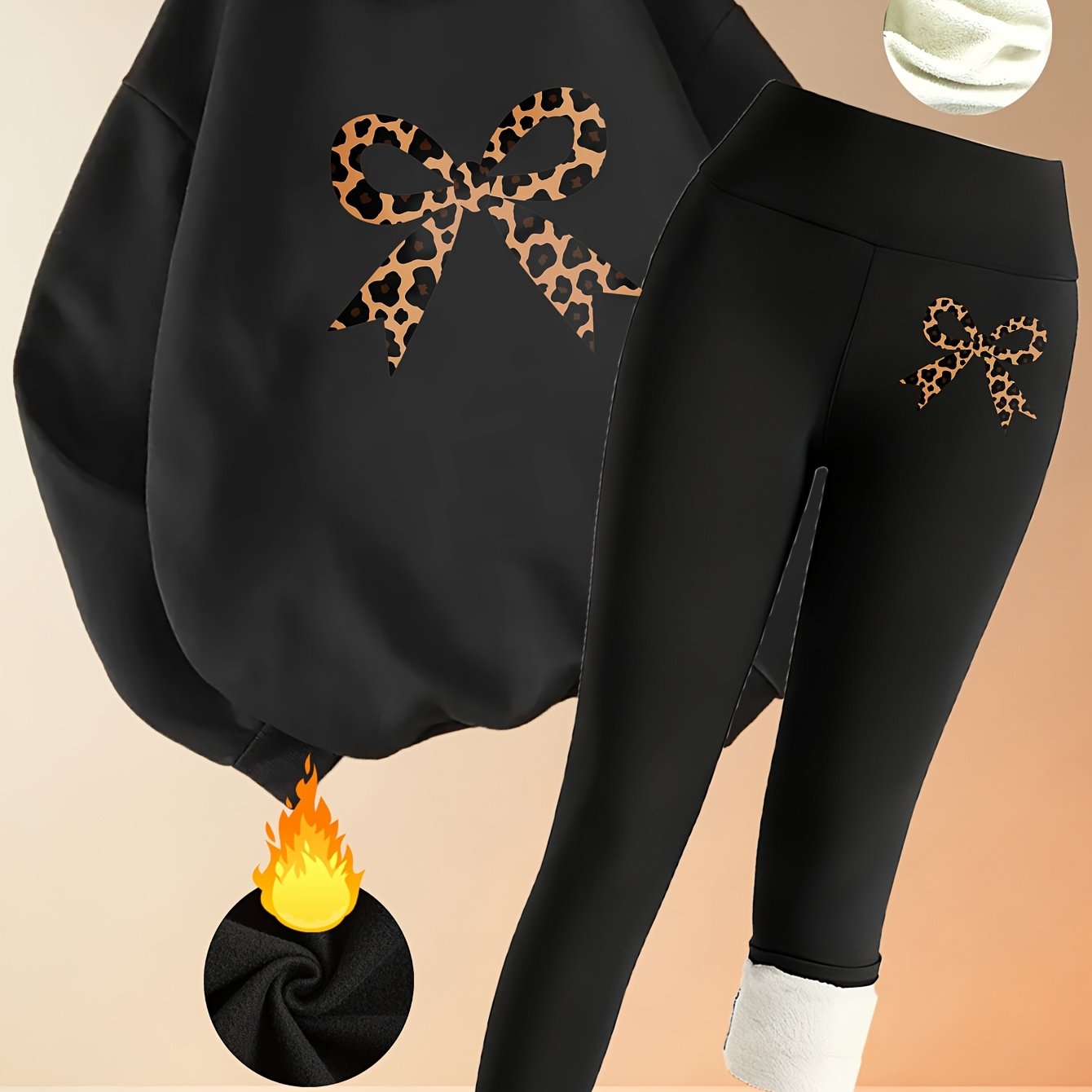 TEMU Round Neck Sweatshirt And Fleece-lined Leggings Set, Women's Casual Sport Style, Beige And Black With Leopard Print Bow Detail, Suitable For
