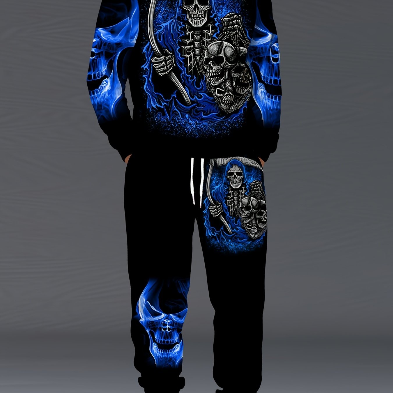 Image of New Arrival Men Plus Size Crew Neck Sweatshirt And Sweatpants Set Outdoor Street Outfit Blue Flame Reaper Skull All Fashion Versatile Comfortable Cool Design Casual 2pcs Outfit, Plus Size