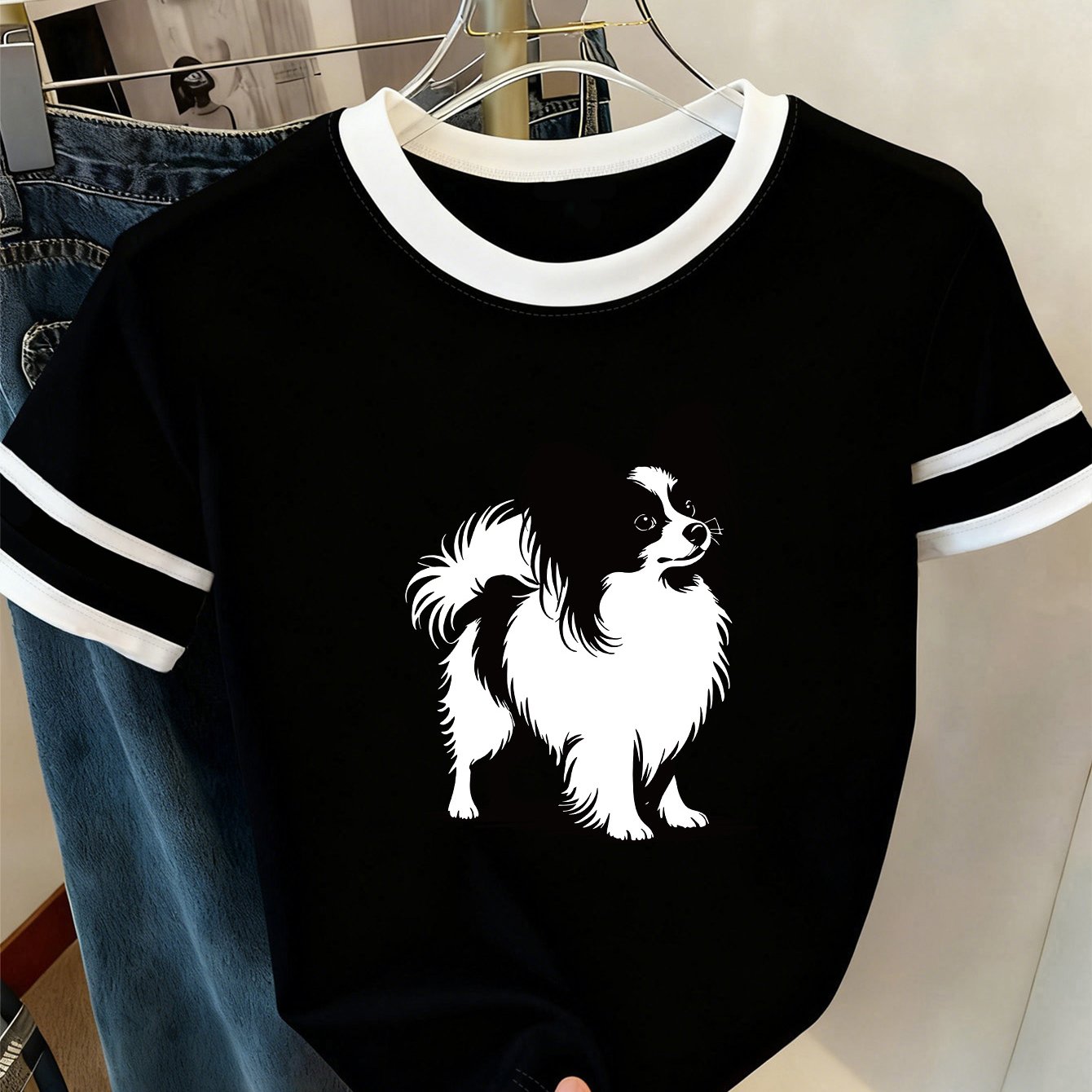 TEMU Casual Crew Neck Short Sleeve T Shirt Cute Papillon Dog Pattern Regular Fit Versatile