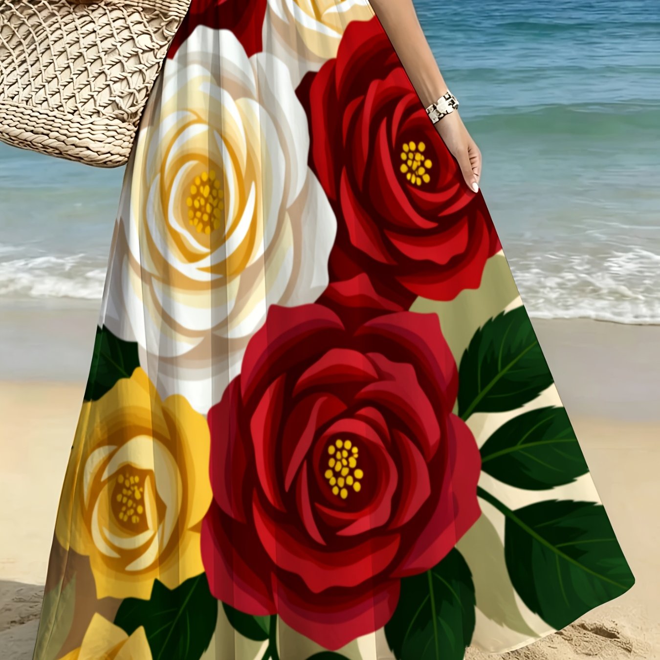 TEMU Lianyaoshi [printed Design Not Textured] Women's Floral Print Midi Skirt With Red, White, And Yellow Roses Lightweight And Versatile For Beach