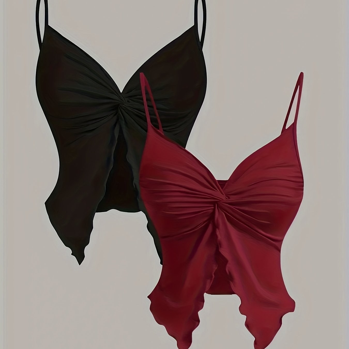 E-shop Y2K Damen Sexy Rückenfreies Top, Tiefrot/Schwarz Einfarbiges Twist-Plisseé Design, Vielseitiges Weste Set aus 2 Teilen
