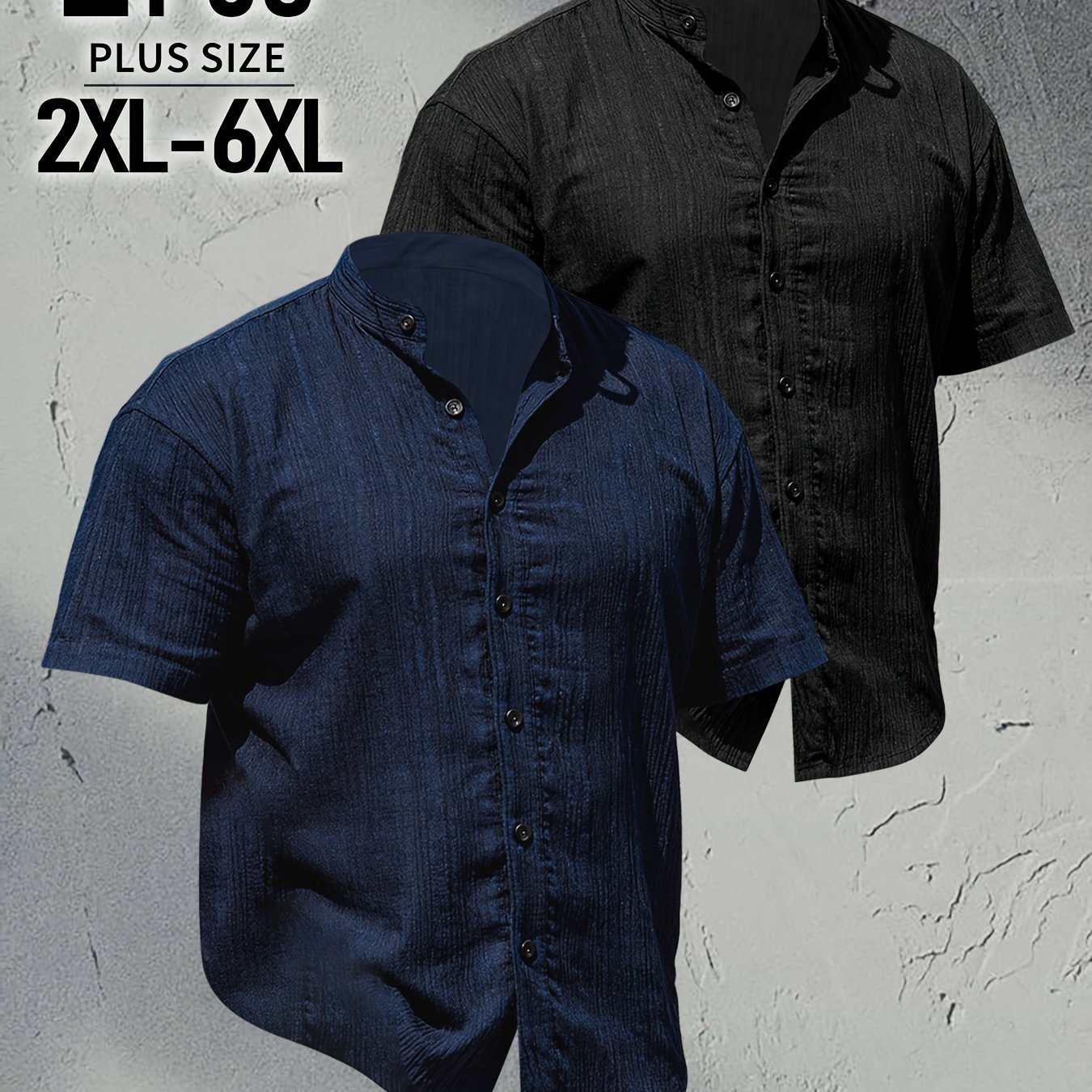 TEMU [darwin Obm] 2pcs Men's Plus Size Summer Short Sleeve Shirts - Lightweight Breathable Solid Color Button-up Shirts, Casual Stand Collar Tops,