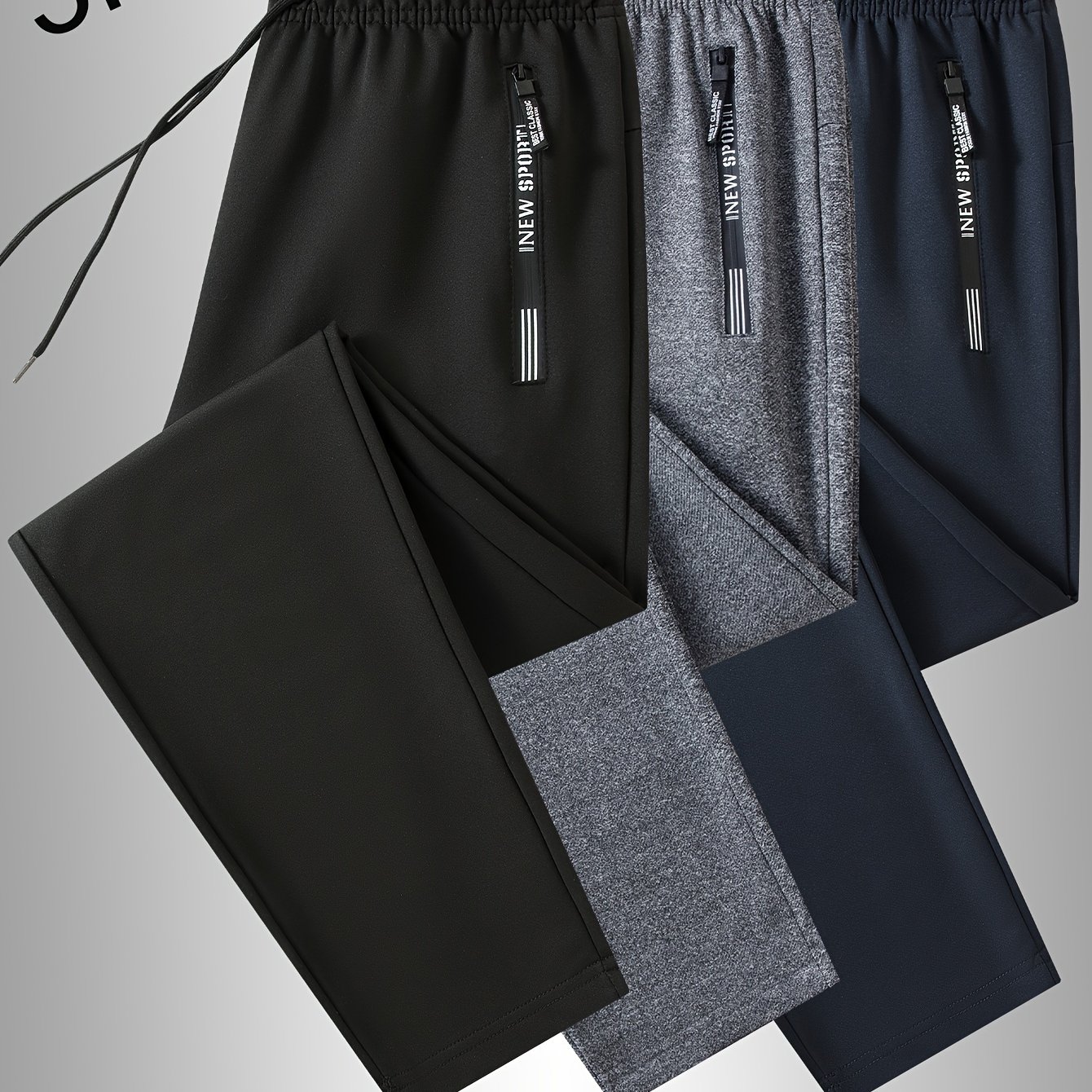 Image of Men's 3pcs Solid Color Loose Fit Sweatpants With Monogram Print Zipper Pockets And Drawstring, Suitable For , Outdoor Sports