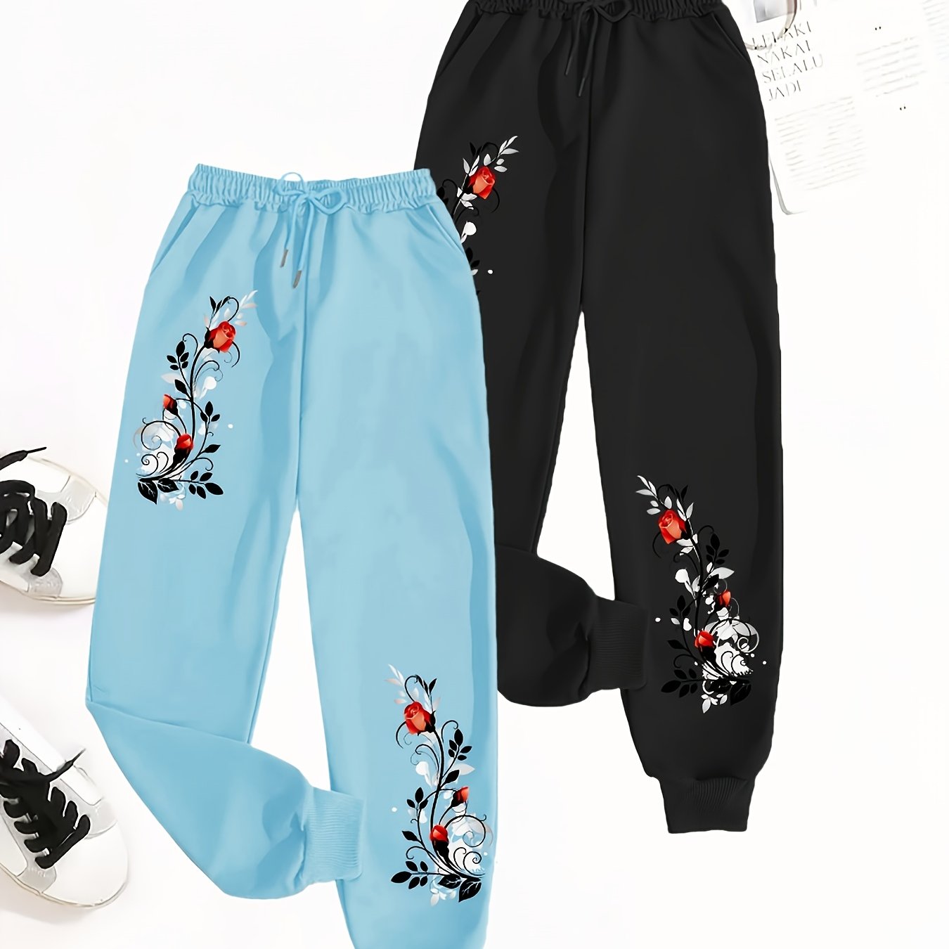 TEMU 2 Stück Damen Jogginghosen Casual - Blumenmuster, Bund mit Kordelzug, Lockere Passform, Sportbekleidung für Frühling/Herbst, Maschinenwaschbar