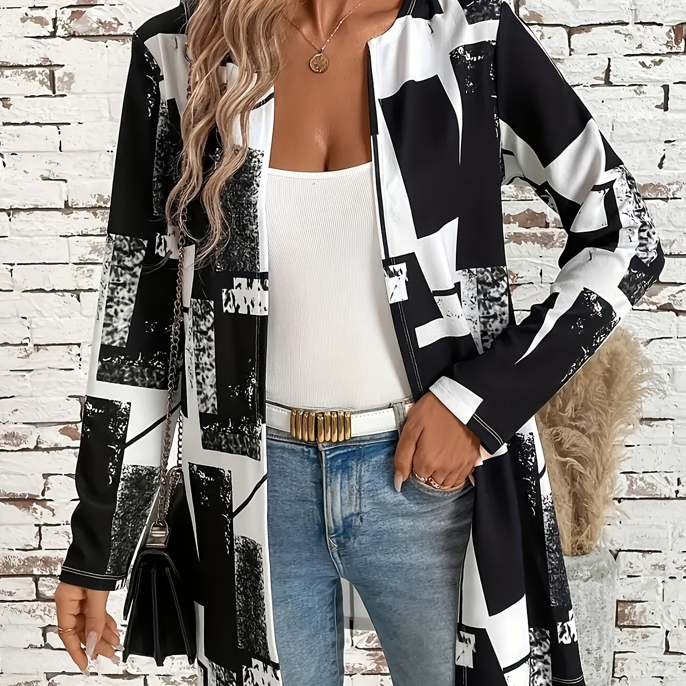 Women’s Plus Size Geometric Pattern Long Sleeve Jacket
