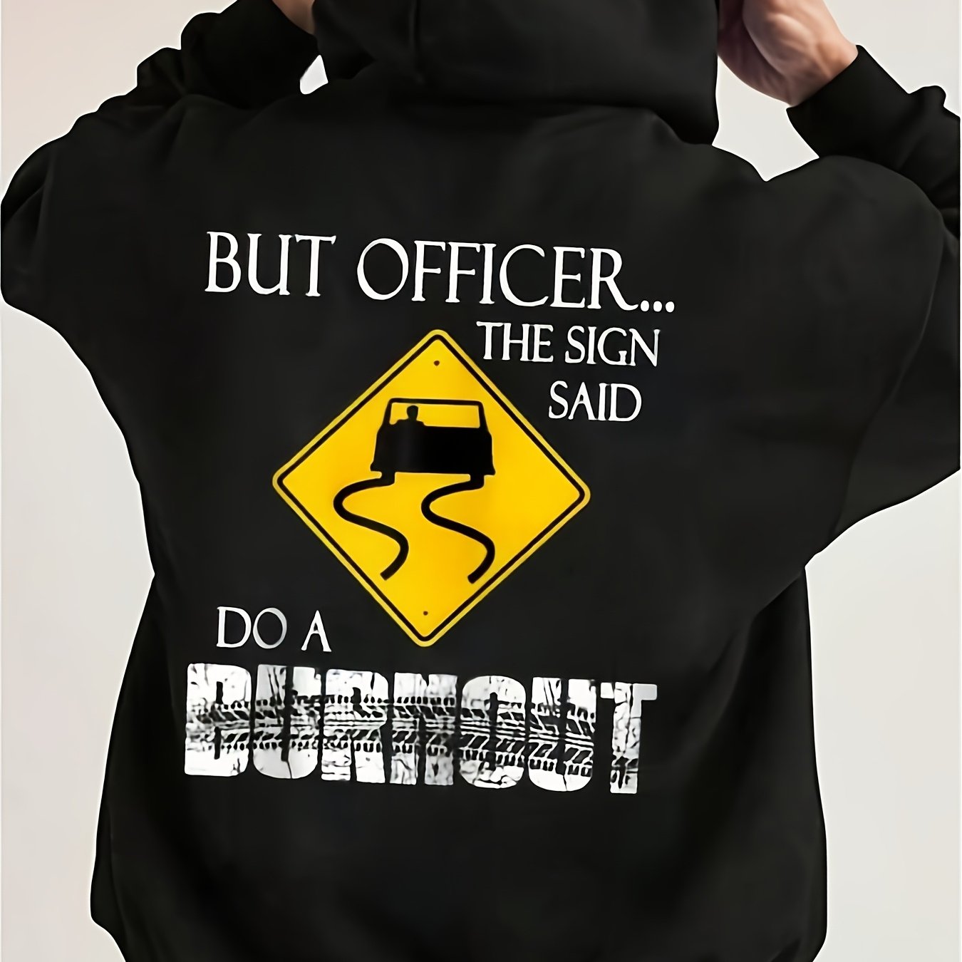 TEMU Funny Burn Tires Officer Graphic - Oversized Streetwear Pullover Loose Fit Hip-hop Style Suitable For Casual Wear And Gifts Machine Washable