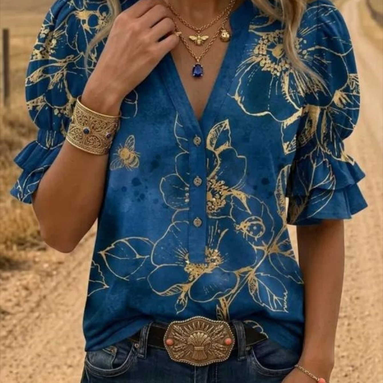 Women's Top Women's Summer Apparel Floral Print New Women's Western Printed V-neck Shirt Western Style Outfit Ideal For Casual Vacations Travel Trips Elegant Ladies Washable 2d Flat Print