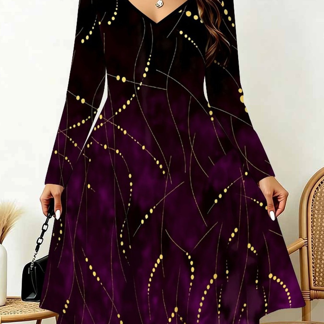 Image of Plus Size, Elegant Fashion Women's V Neck Long Sleeve Dress. Plus Size Friendly With Asymmetrical To Highlight Feminine , Full Body Multi Element Print. Perfect Commutes, Trips, Dates And Holidays
