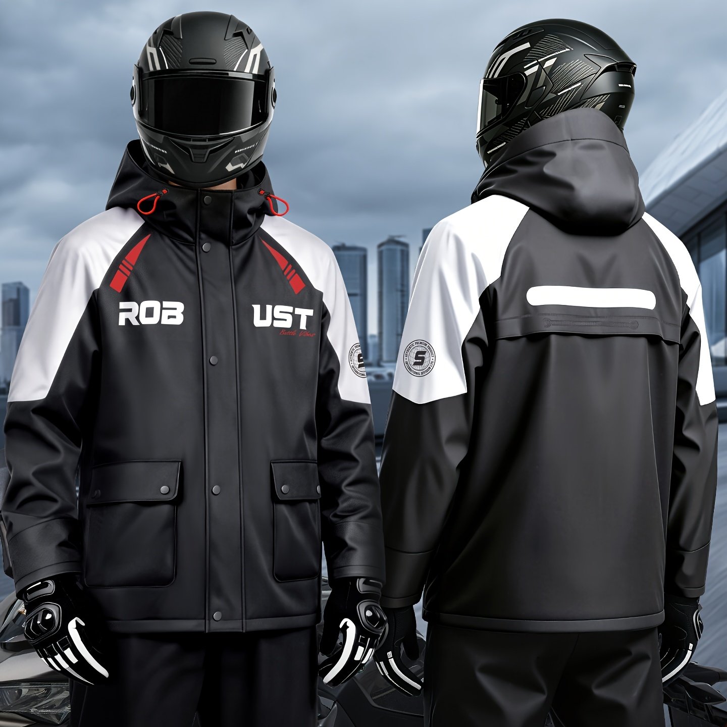 TEMU Waterproof Men's Motorcycle Raincoat And Rain Pants Set, Black, Pvc Material, Zipper And Snap Closure, Suitable For Riding, Commuting, Fishing,
