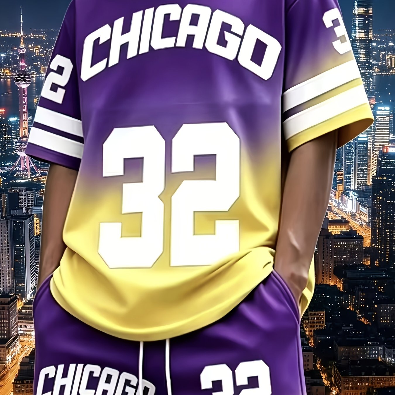 TEMU Gradient Chicago 32 Basketball Suit Men's Summer Contrast Stripe Short Sleeve Drawstring Five-point Shorts Two-piece Set, Summer Men's Set