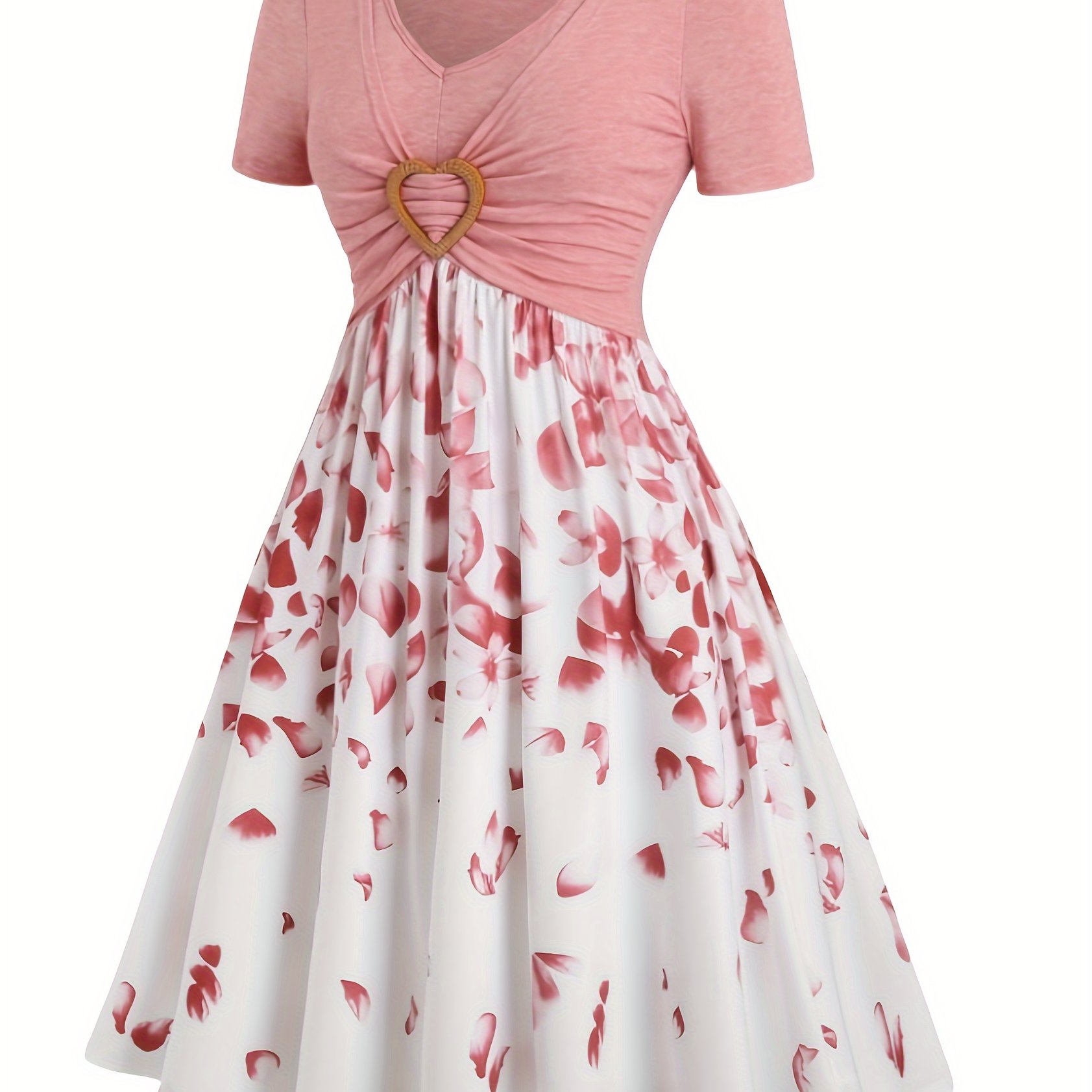 Print Heart Ring A-line Dress V-neck Short Sleeve Dress, Flower Print