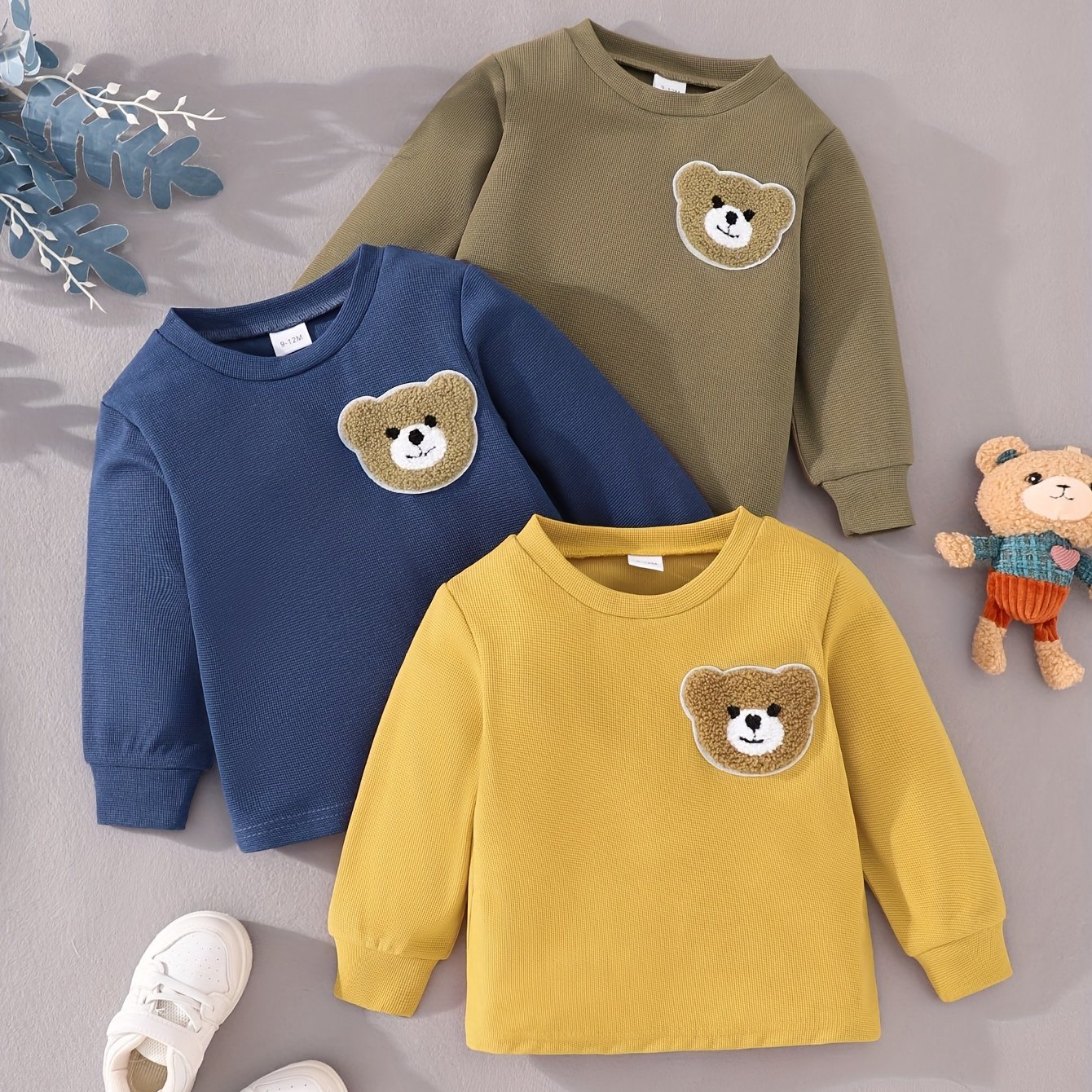 Cute Bear Appliqué Waffle Knit Round Neck Base Layer 3pcs Set For Baby Boys, Fall Warm T-shirts