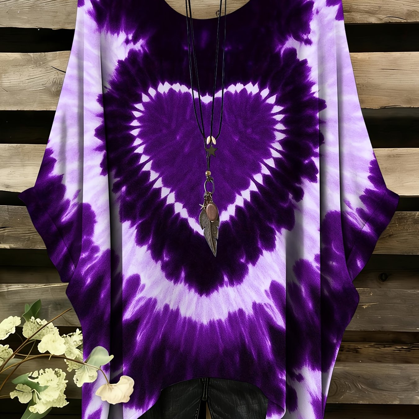 TEMU Purple Tie Dye Heart Pattern Loose Fit T Shirt Women Summer Casual Boho Style Top For Beach And Casual Attire