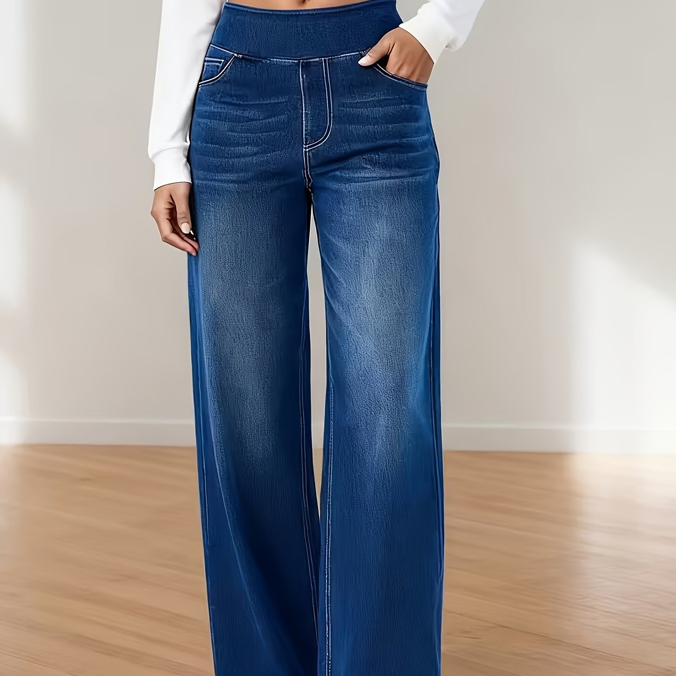 Image of Plus-size Women' High-waist Wide Leg Jeans - Stretchy Trousers With Straight , Retro Drapey Loose Pants Suitable For Casual Wear, Machine Washable Solid Color Wide Pants For Casual & Dressy Outfits