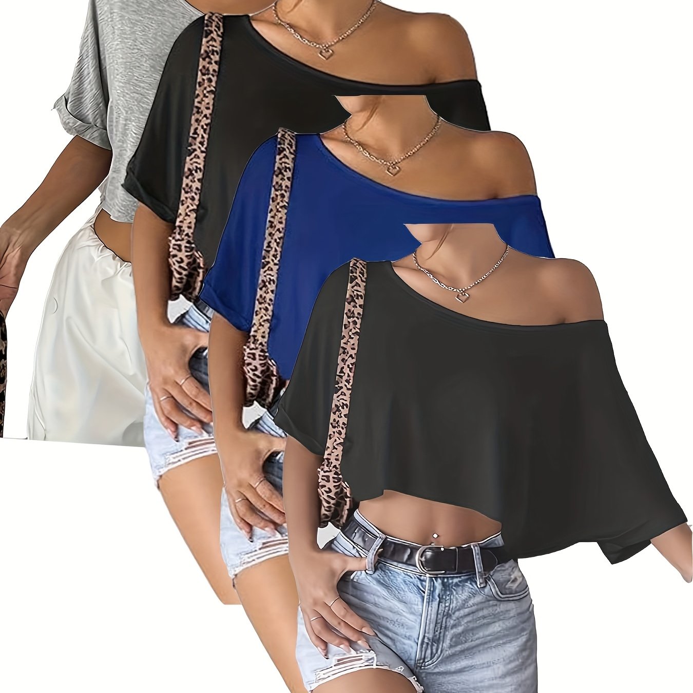 4pcs Women's Off-the-Shoulder Solid Crop Top Set