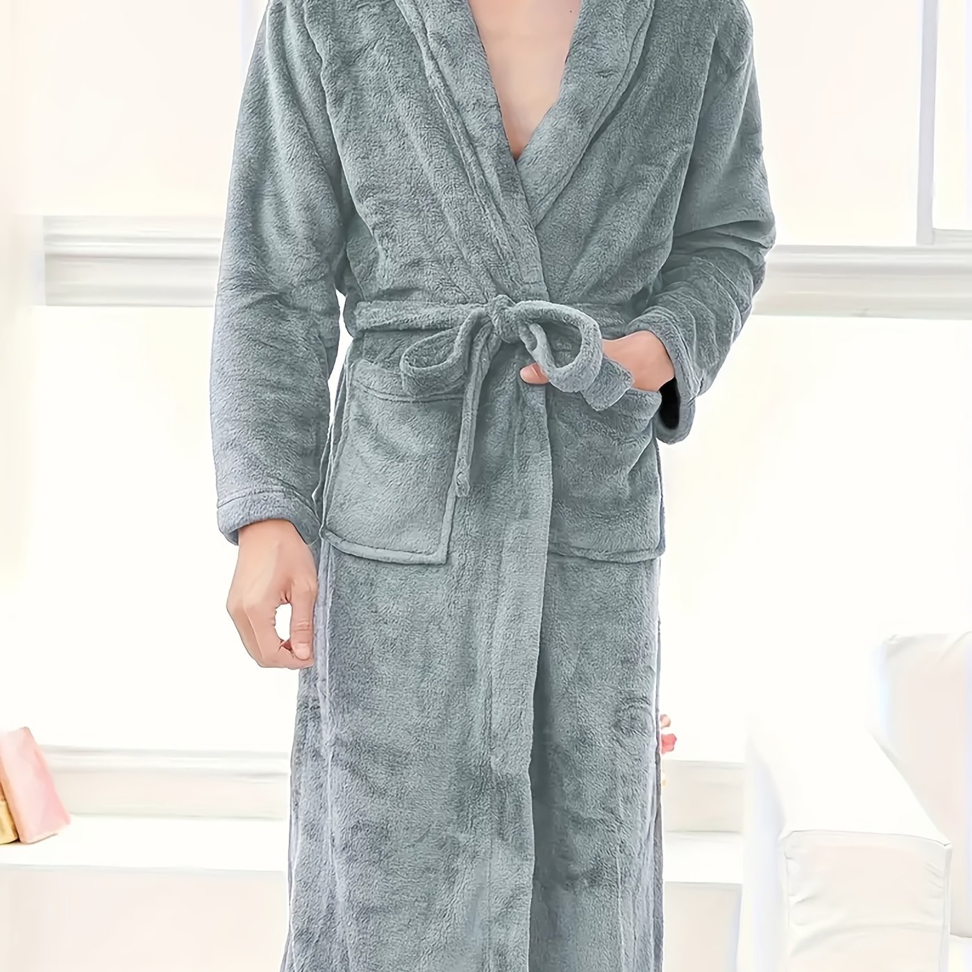 TEMU Men's Fashion Long-sleeve Tunic With Turn- Collar And Drawstring Waist, Featuring Large Pockets