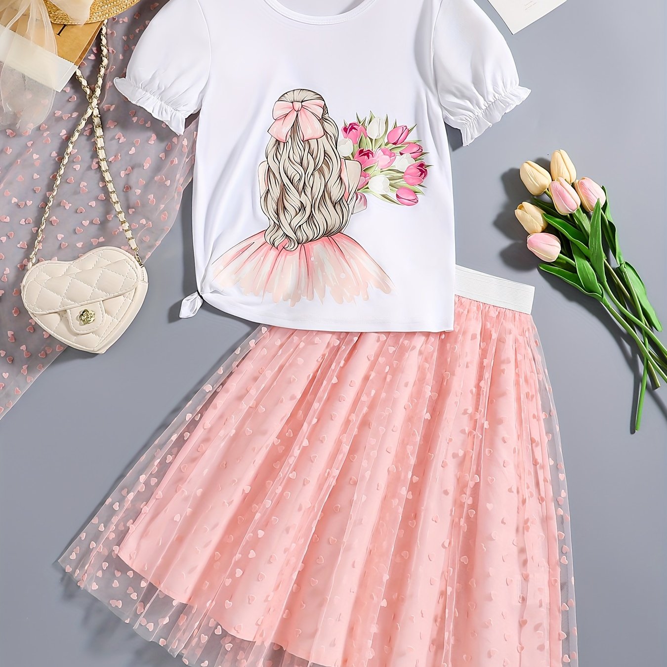 Girls' Spring Summer Outfit, Floral Lace Top And Short Sleeve Polka Dot Mesh Skirt 2pcs Set