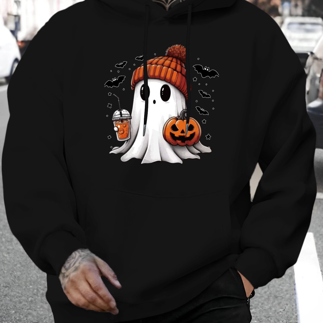 Image of Men's New Cute Halloween Sweatshirt Fashion Drawstring Hooded Sweater Autumn And Winter Top Comfortable Versatile Long-sleeved Hooded Sweatshirt