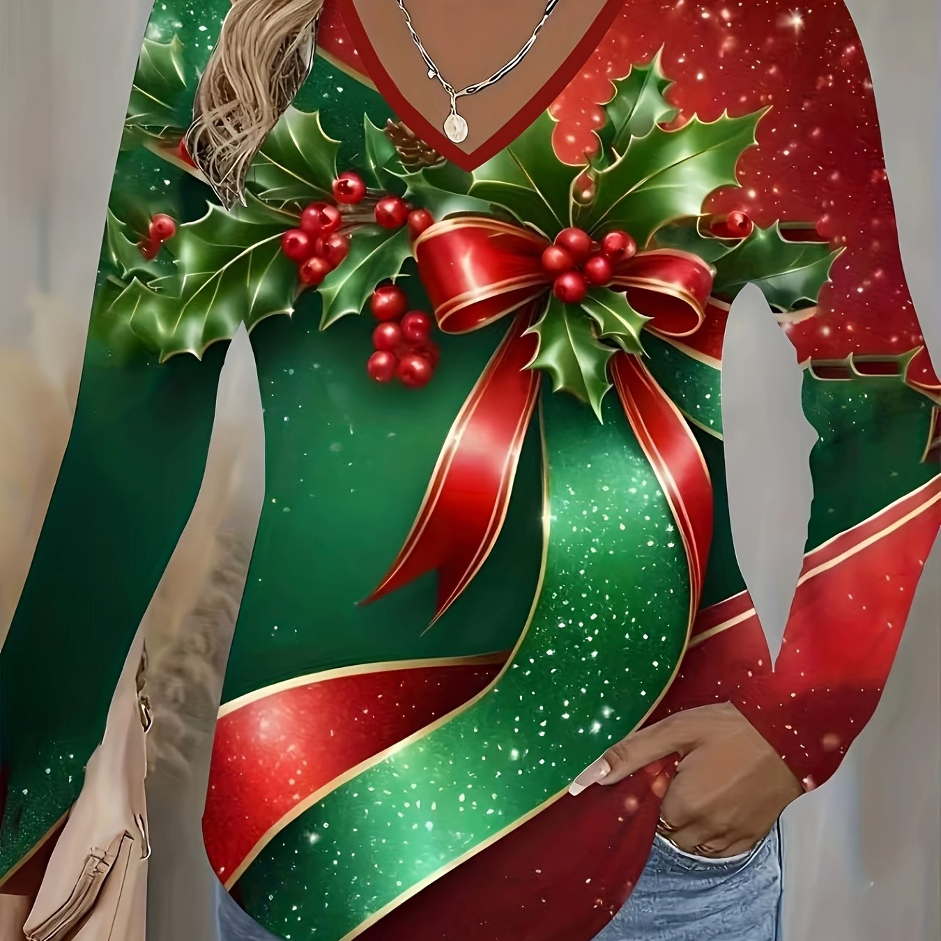 TEMU Women's Fashion Trendy Printed V-neck Long Sleeve T-shirt, Casual, Daily, S, , Suitable For Autumn And Winter