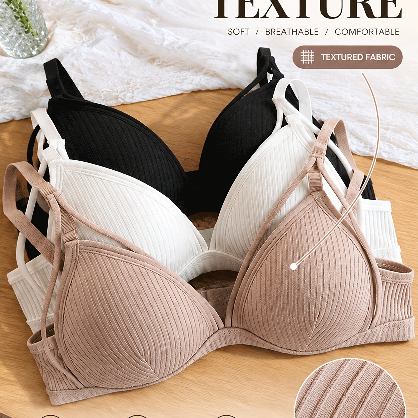 Image of 3pcs Pack Threaded Women's Underwear Solid Color Comfortable Breathable Bra Wireless Bra Casual Bra Women' Underwear New Autumn Winter Style
