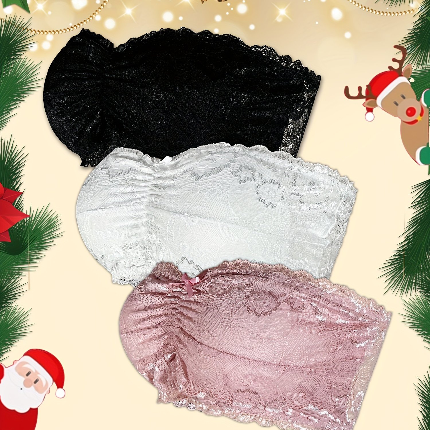 Image of 3pcs Plus Size Lace Strapless Bandeau Comfortable Breathable Daily Bra Women's Lingerie Wireless Backless Bra