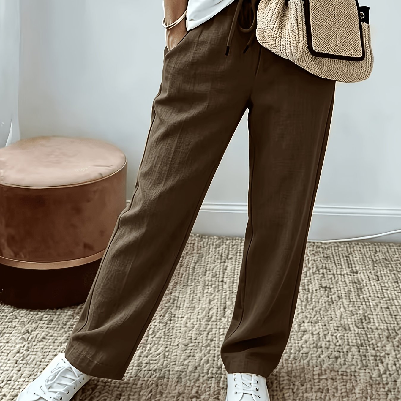 TEMU Plus Size - Women' Color Elastic Waist Drawstring Casual Pocket Trousers, Classic Tapered Cut, Fashionable And Versatile, Soft And Comfortable