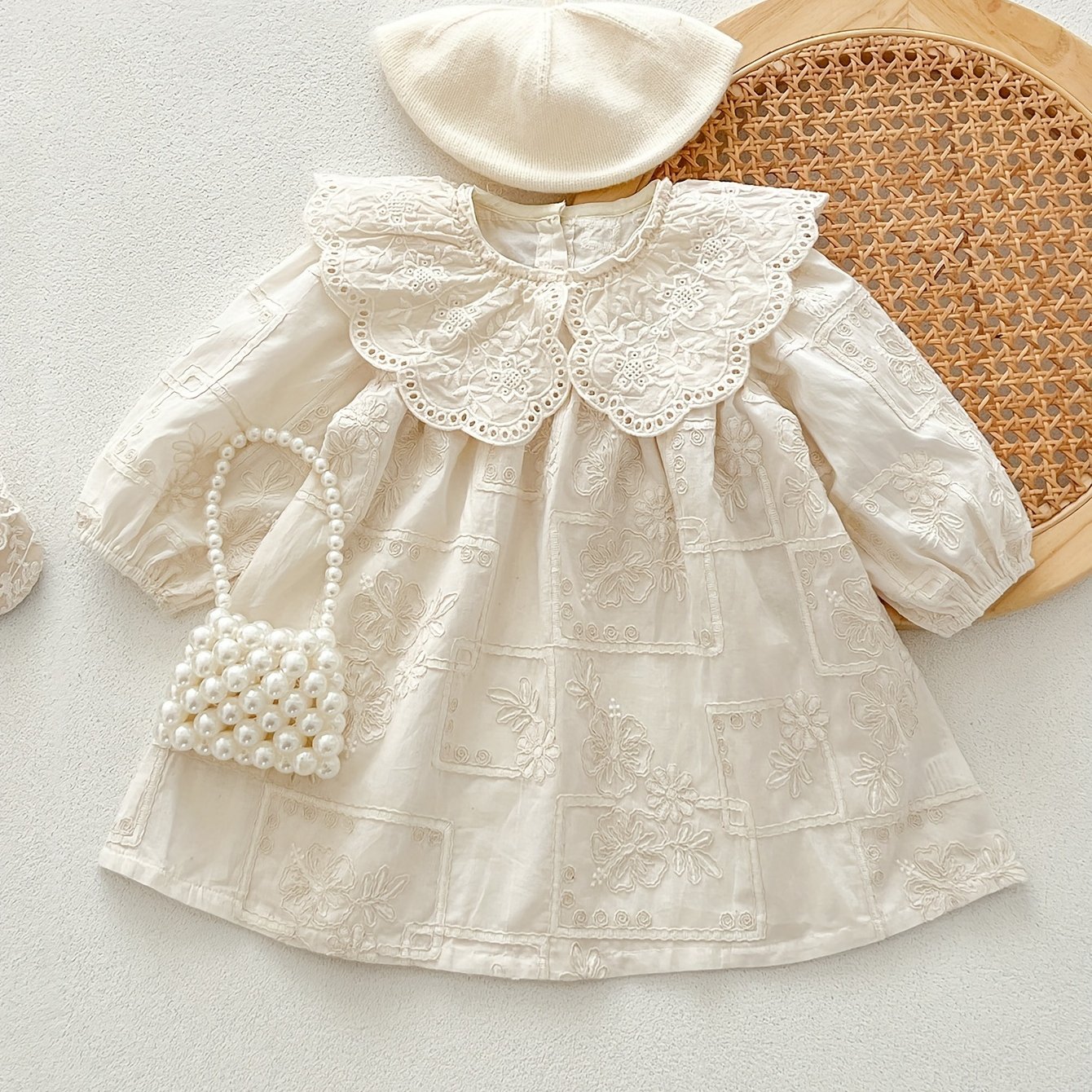Image of Autumn Baby Clothes Girly Vintage Embroidered Dress Infant Girls Oversized Collar Long Sleeve Dress
