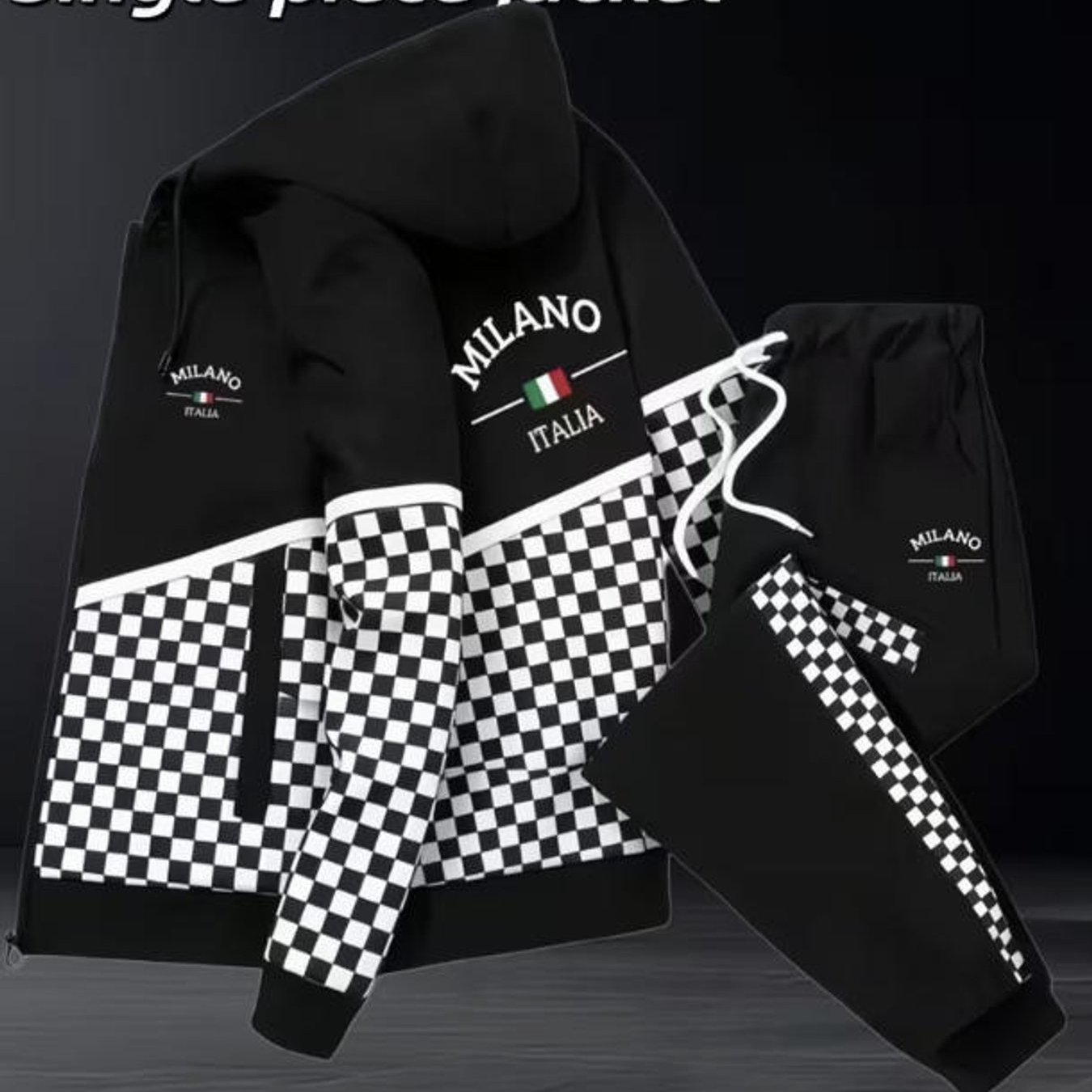 Image of Men's Fashion Fall Winter Casual Trendy Checkerboard Print Italia Graphic Hooded Tracksuit Set Big Size Men's Wear Adult Male Sportswear Daily Wear Holiday Gift, Plus Size