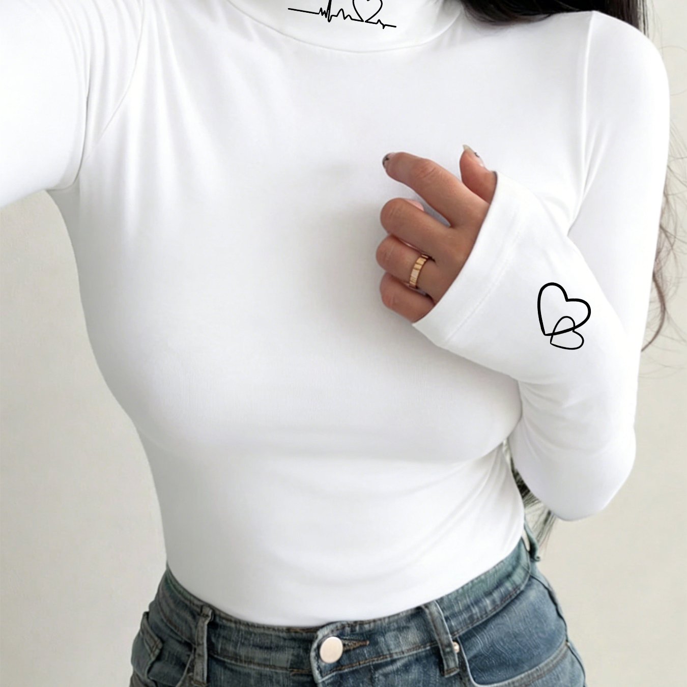 TEMU Women's High Neck Slim Fit T-shirt - Thermal Base Layer Top With Heartbeat Line & Heart Print, Stretch Suitable For , Machine Washable Layering