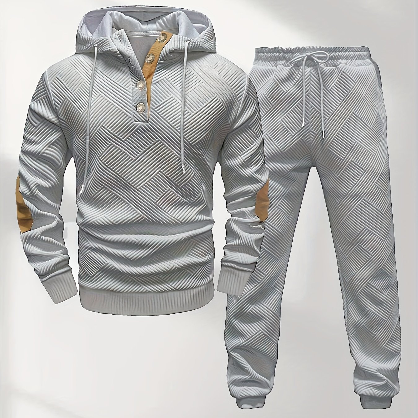 Image of Men's Casual Fashion Set: Knitted Jacquard Hoodie And Sweatpants 2pcs Set