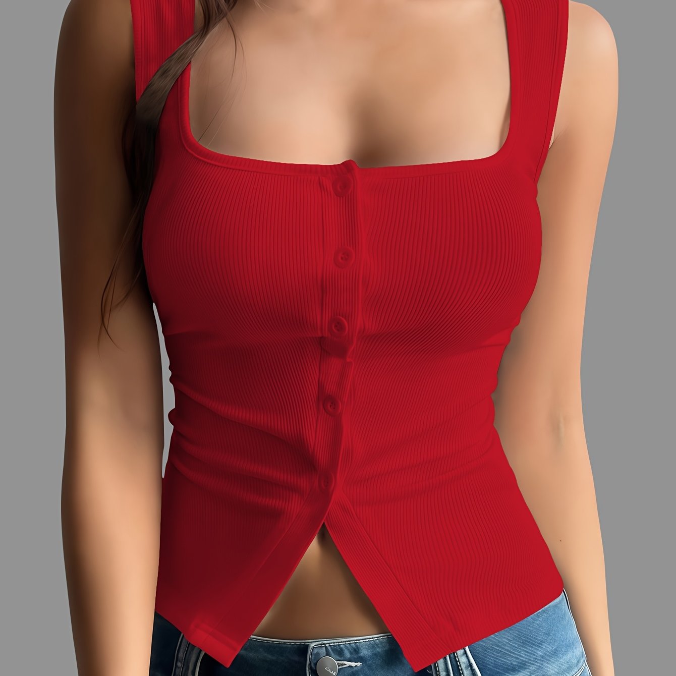 TEMU French Square Neck Sleeveless Slit Ribbed Solid Color Women's Vest, Slim Fit, Sexy Design, Summer