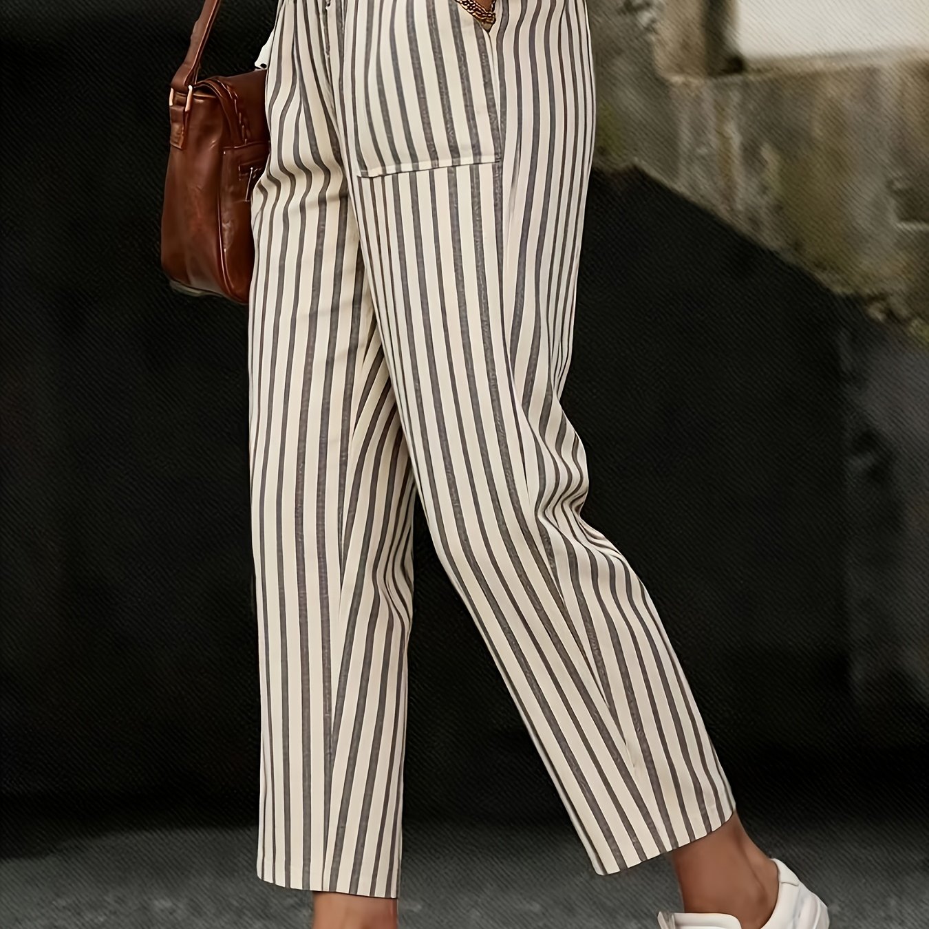 TEMU Women's Striped Print Straight-leg Cropped Trousers, Casual Lace-up Elastic Waist Loose Pants