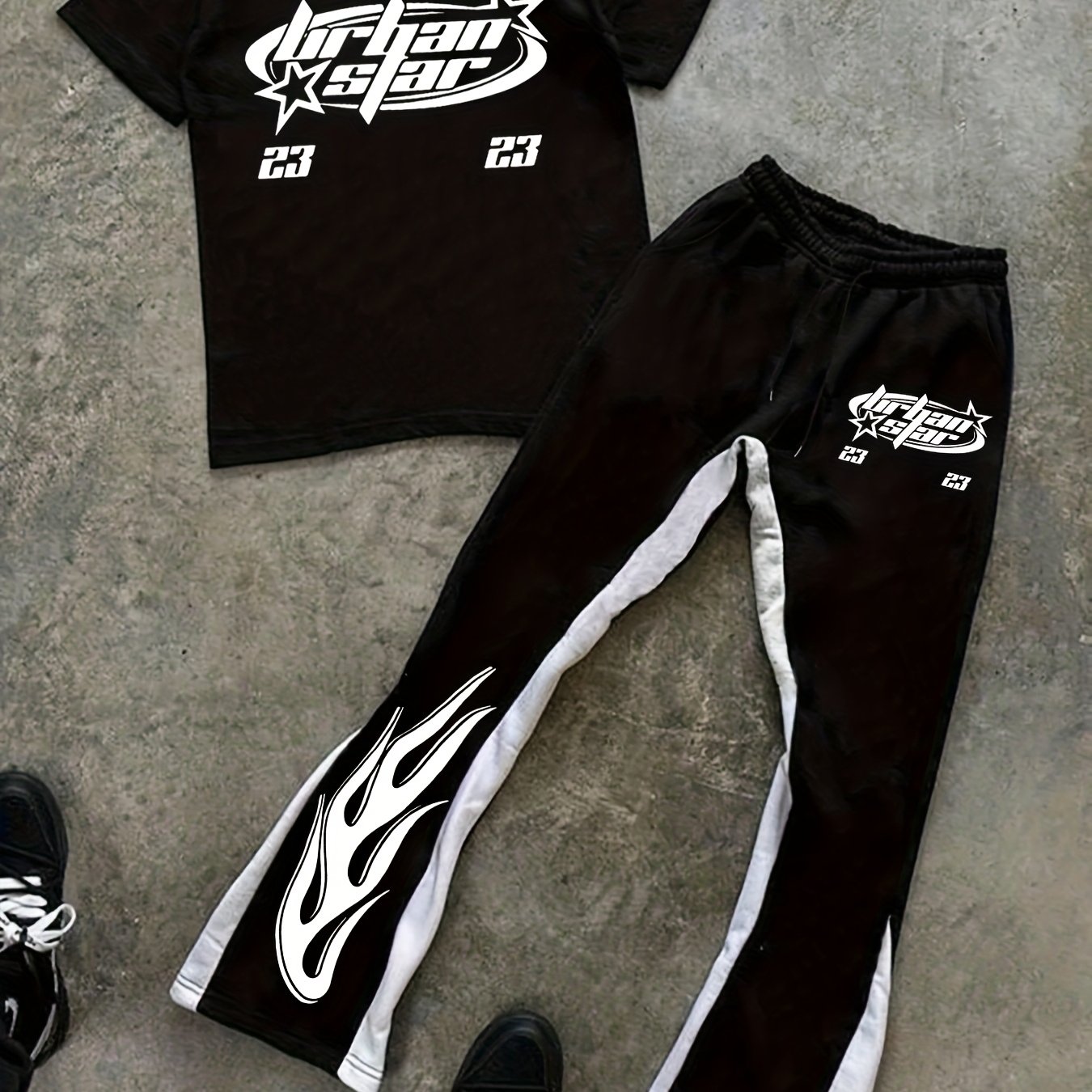 TEMU Conjunto casual de moda para hombre de dos piezas, camiseta de manga corta con cuello y estampado de estrella de Irlanda y llama, y pantalones
