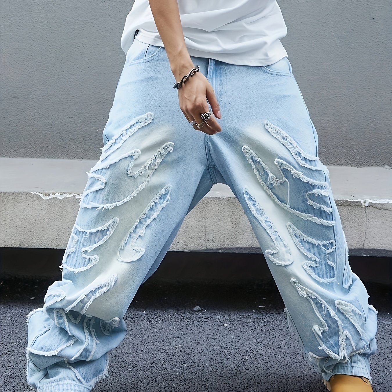 Light Wash Blue Denim Wide-leg Pants With Blend