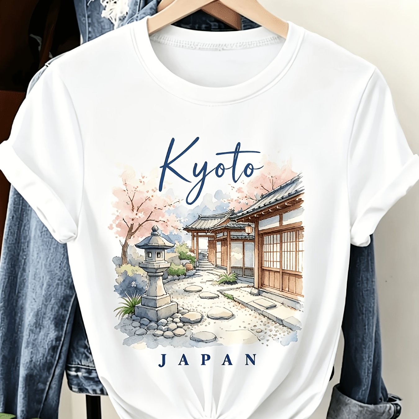 TEMU [2d Printed Design â Not Textured] Watercolor Japan T-shirt, Temple And Cherry Tee, Travel Casual Top, Comfortable And Practical, Affordable ,