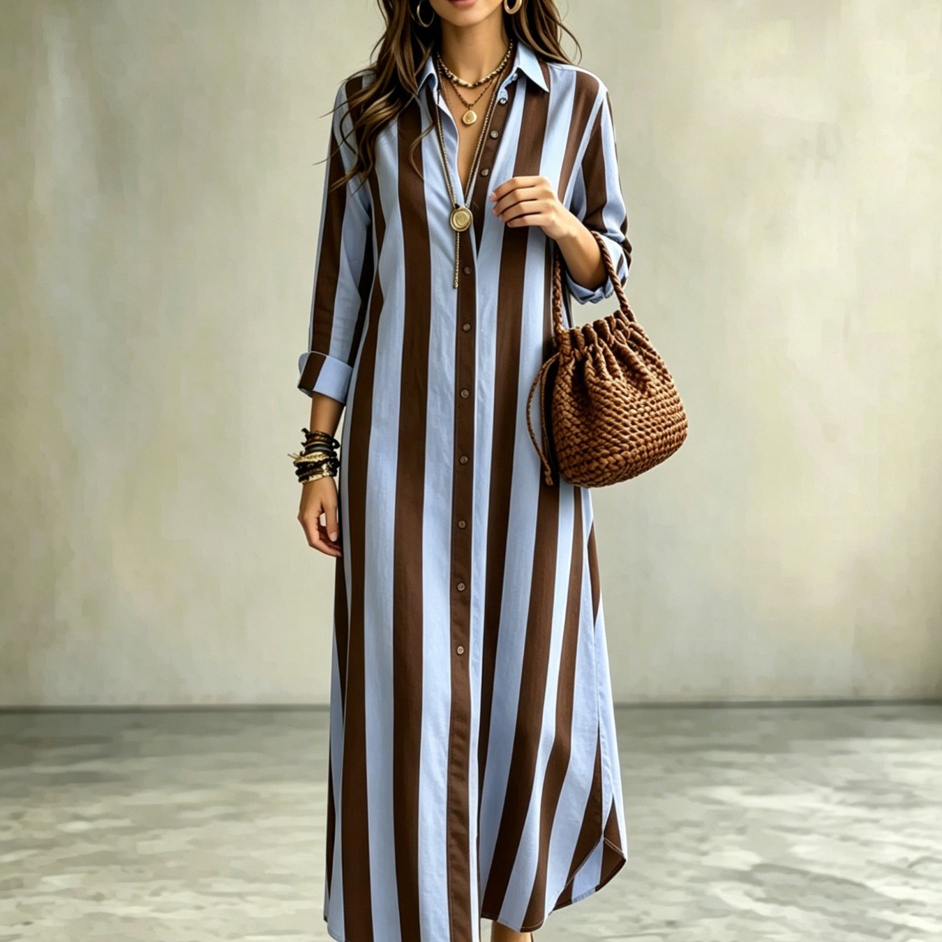 Image of Women's Summer Dress, Light Blue Brown Wide Vertical Stripe Color Block Print Lapel Long Sleeve Shirt Maxi Dress, Beach Casual Vacation Long Dress