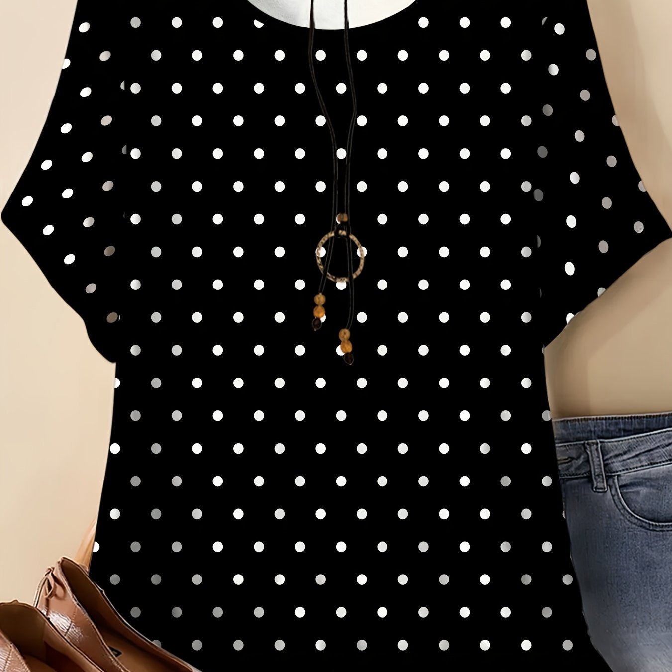 TEMU With White Polka Dot Print, Loose Size Crew Neck, Vintage Casual Top For Women