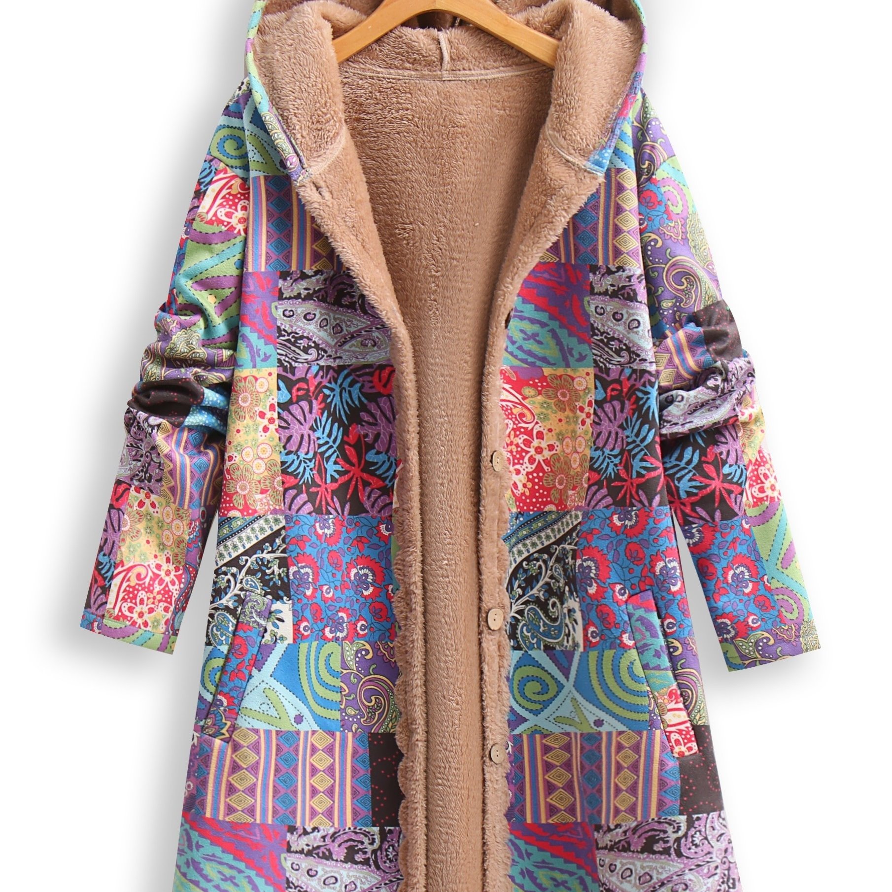 Plus Size - Plus Size - Vintage Floral Composite Plush Coat Made Of Faux Suede