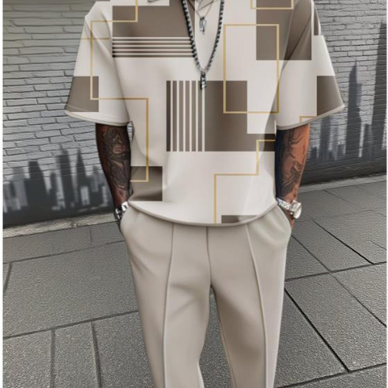 Image of Urban Fashion Geometric Line Panel Pattern Men's Casual Outfit Short Sleeve Shirt And Pants 2 Piece Set Men's Clothing Trendy Streetwear Daily Wear Vacation Outfit Birthday Gift For Husband, Plus Size