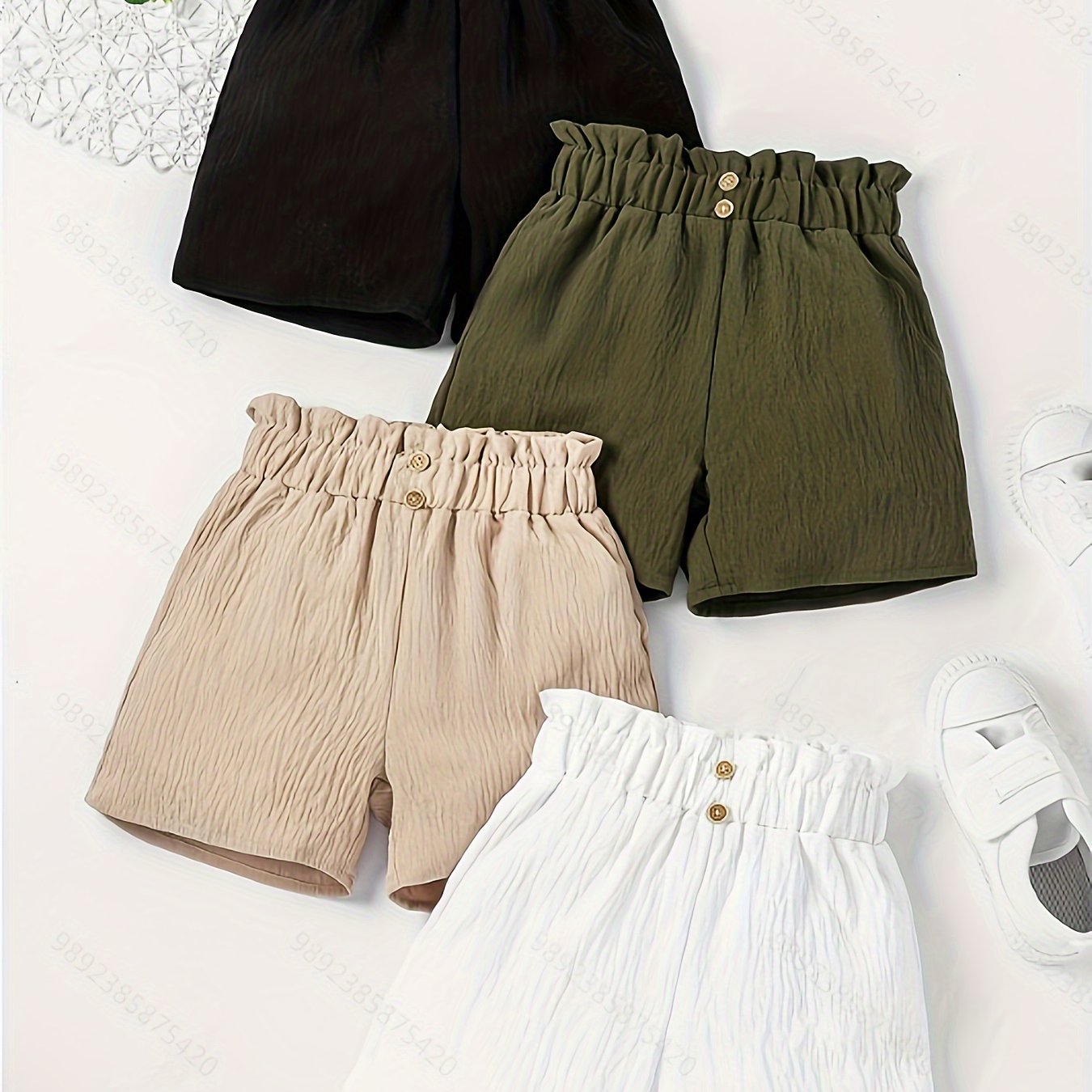 A Set Of 4pcs, Featuring A Solid Button Decorative Elastic Waist Shorts, Perfect For Summer Gift Parties And Outdoor Activities, For Outdoor