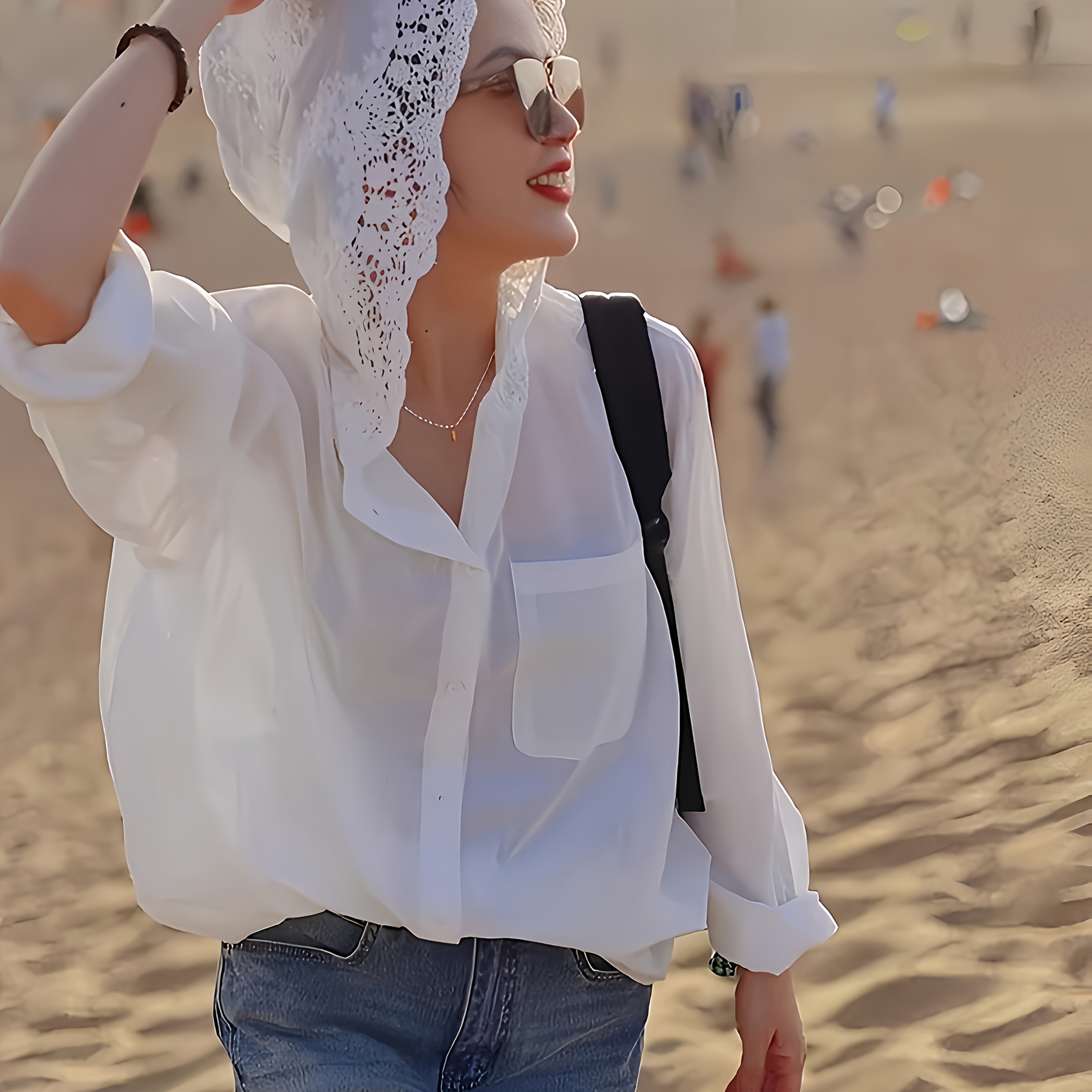 E-shop Französischer Stil Hohlmuster Häkelkapuzen-Langarmhemd für Damen, Sommer Lockerer Modischer Eleganter Dünner Stilvolles Oberteil
