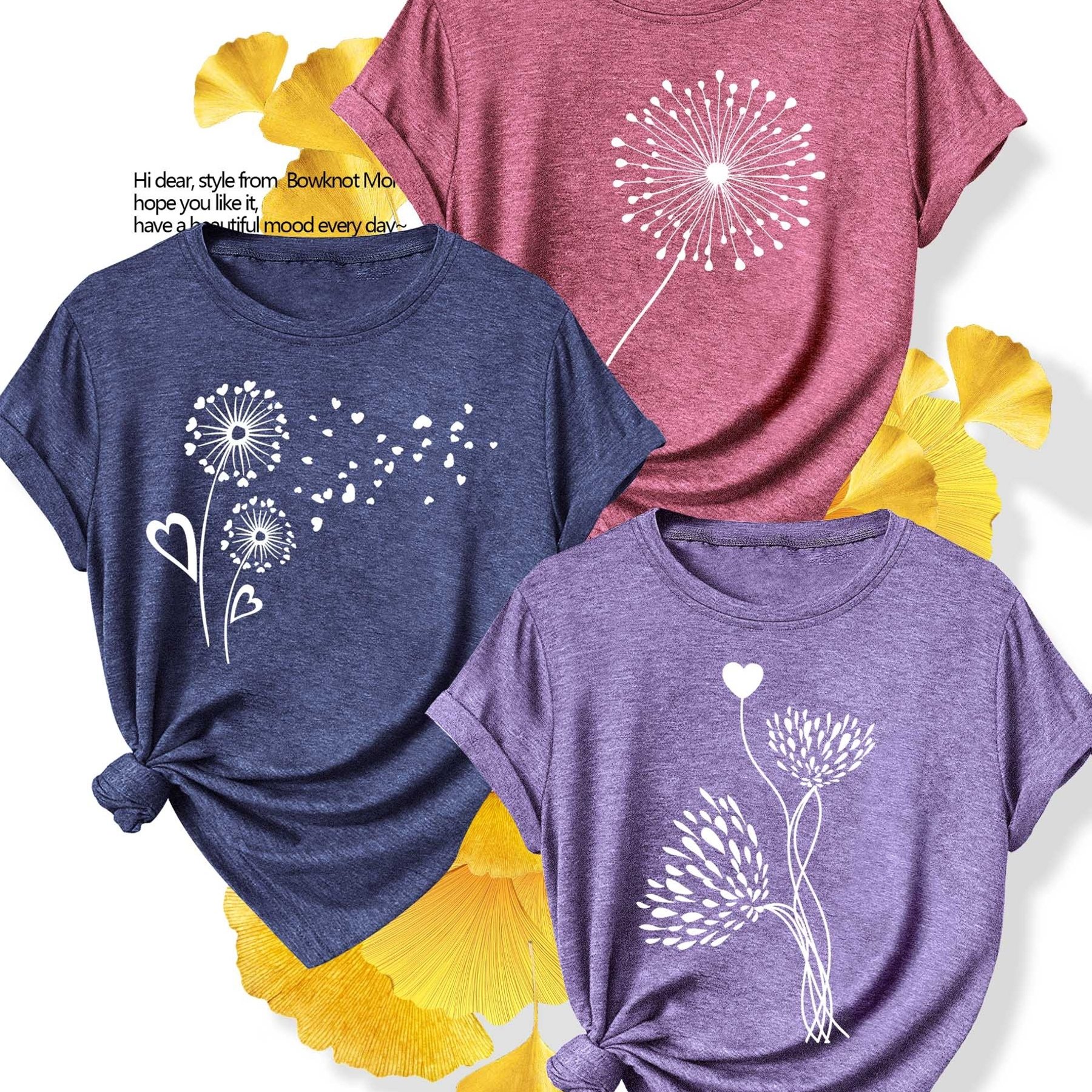 TEMU 3pcs Women's Oversized Short Sleeve Tees With Dandelion Print - Plus Size 1xl-4xl, Vintage Casual Round Neck Blouses, Machine Washable Spring