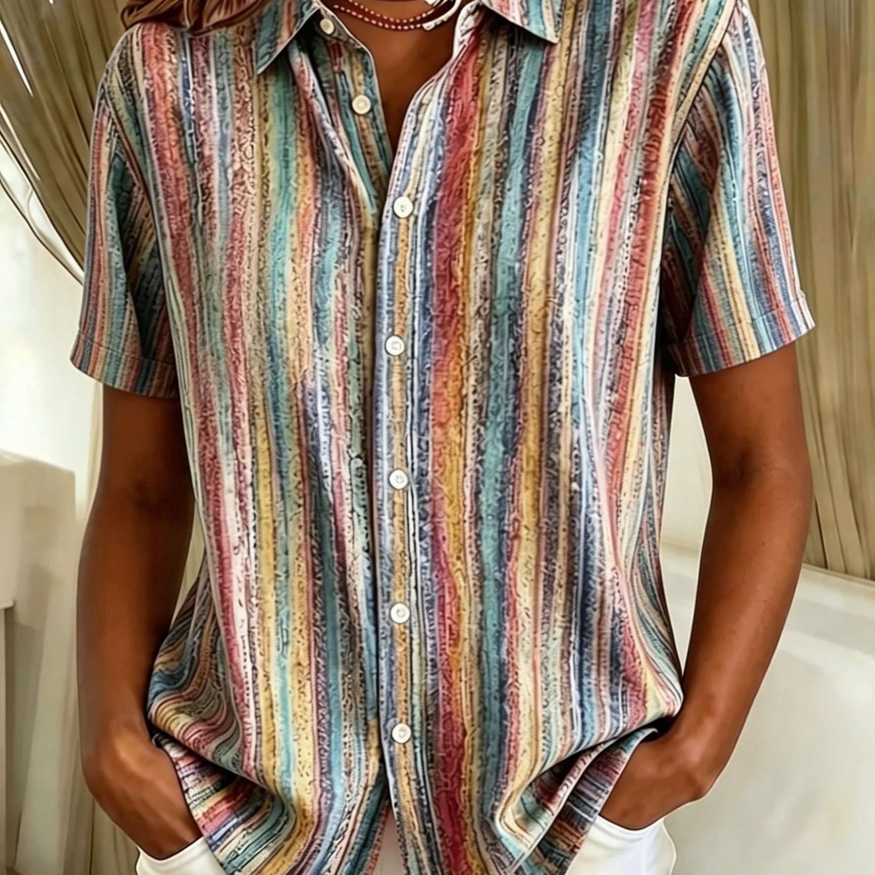 TEMU Bohemian Multicolor Striped Button-up Shirt - Retro Casual Short Sleeve Top For Women
