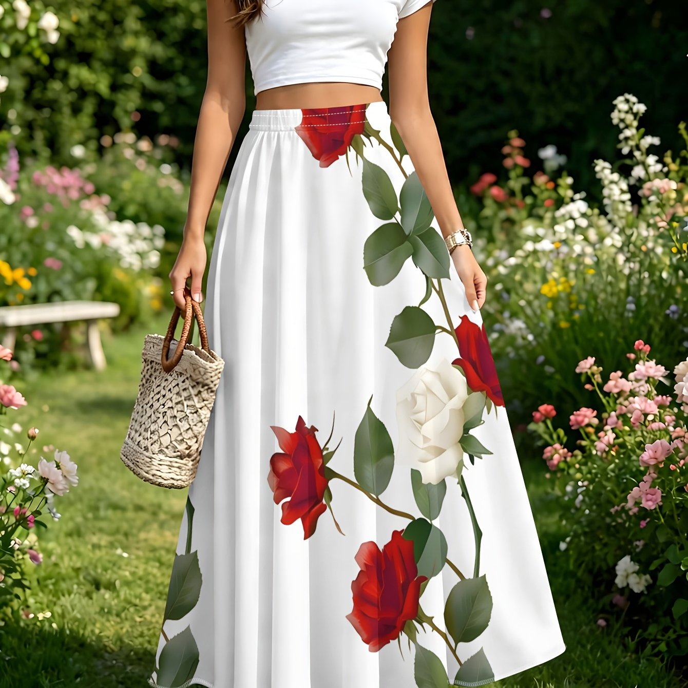 TEMU Red And White Rose Vine Print Skirt, Summer Casual