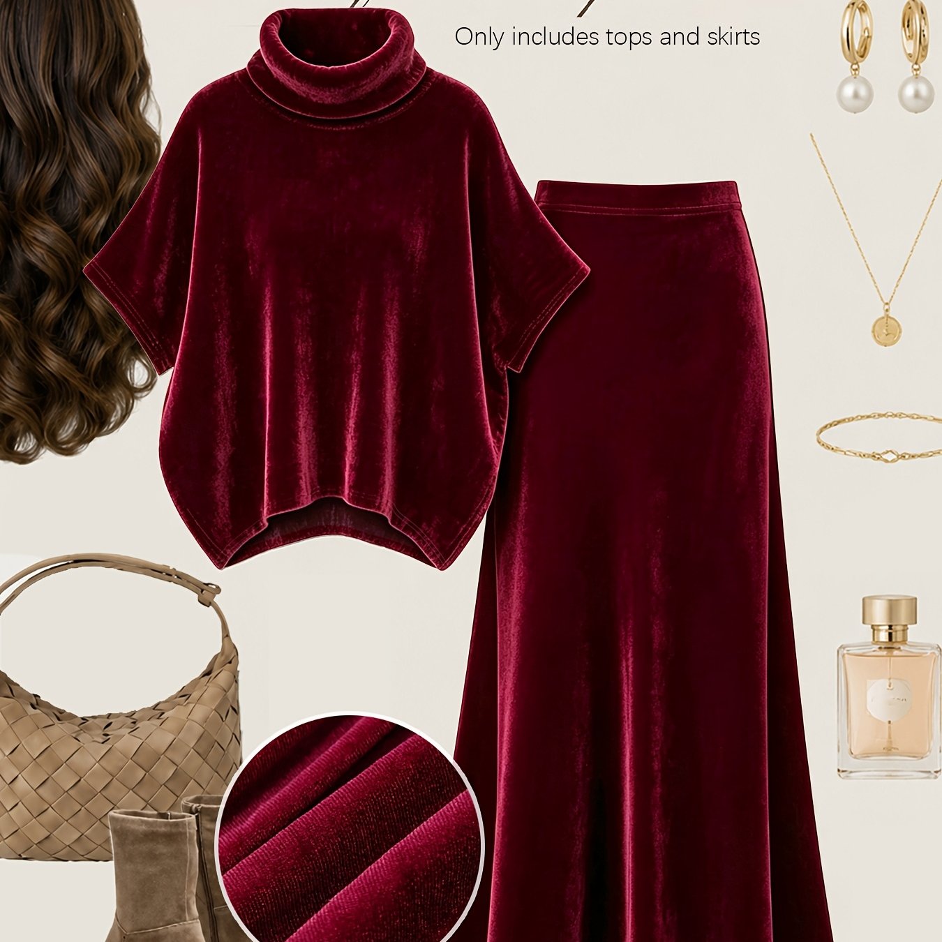 TEMU Autumn/ Lazy Velvet Set: High Neck Batwing Sleeve Pullover Cape Top + Mermaid Skirt, Elegant 2pcs Set For Banquets And Commuting