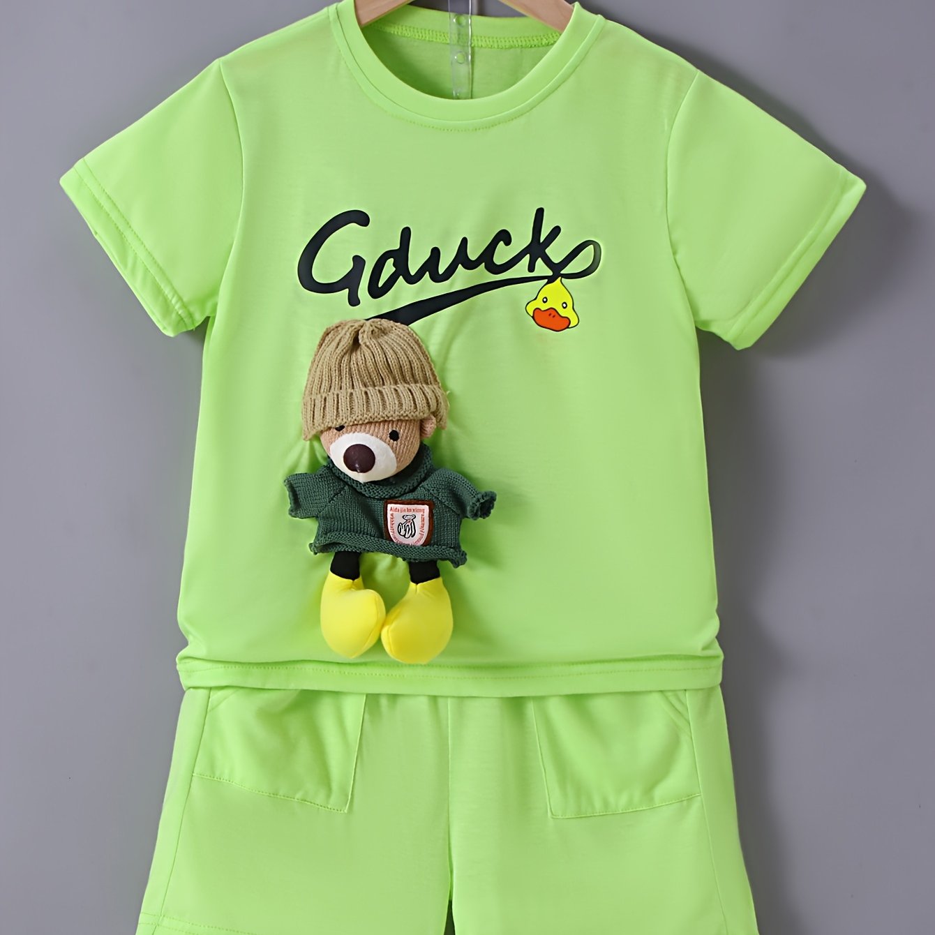 Image of Boys Round Neck Short-sleeved T-shirt And Shorts Set With Cute Bear Additions, Soft And Comfortable, Casual Outdoor Wear, For Outdoor