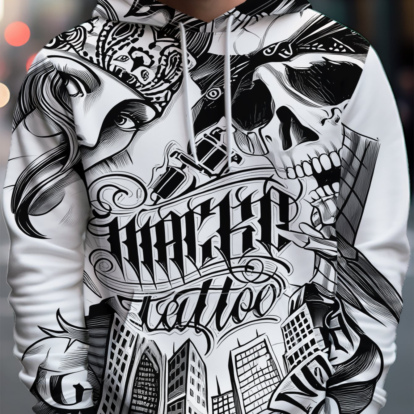 TEMU Men's Individual Style Hooded Sweatshirt, Black And White Tattoo Style Illustration With Women, Skulls, City Buildings, And Cursive Text - Full